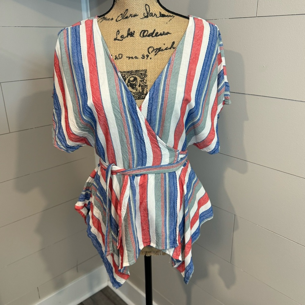 Charlotte Russe Red White and Blue Striped Wrap Peplum Top